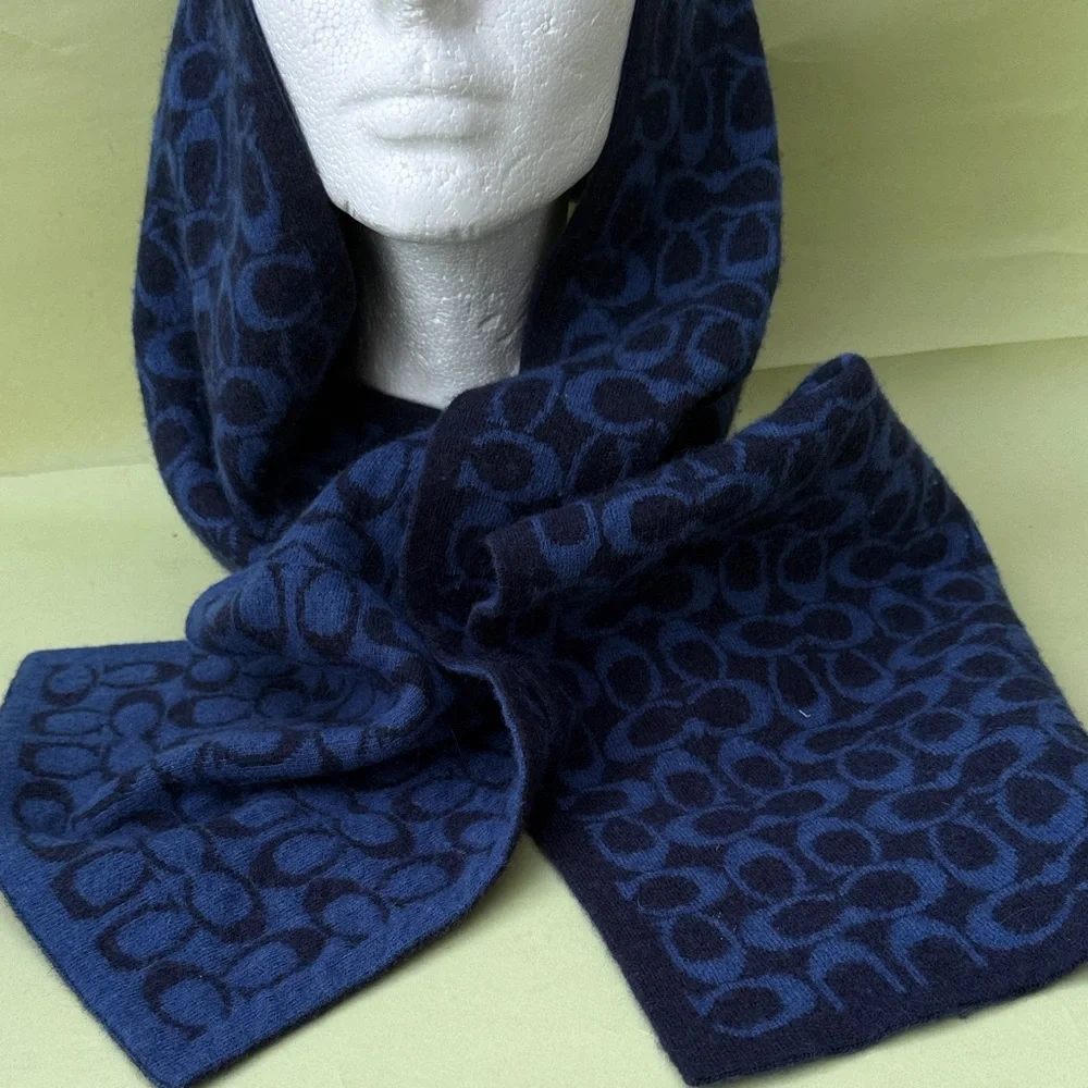 Coach Navy Blue/Black Patterned Double Sided Wool Scarf